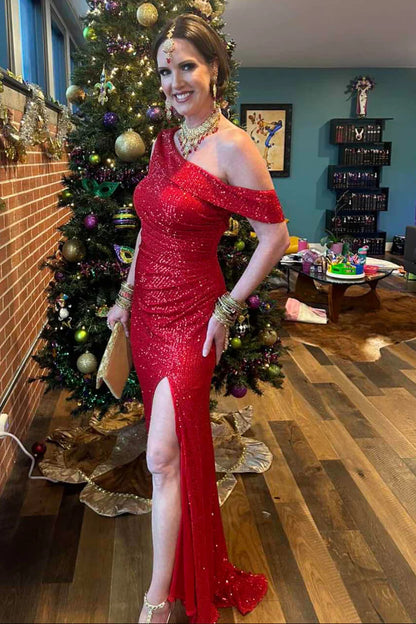 Glittery Sequin Mermaid Prom Dress Long Leg Split Formal Dress