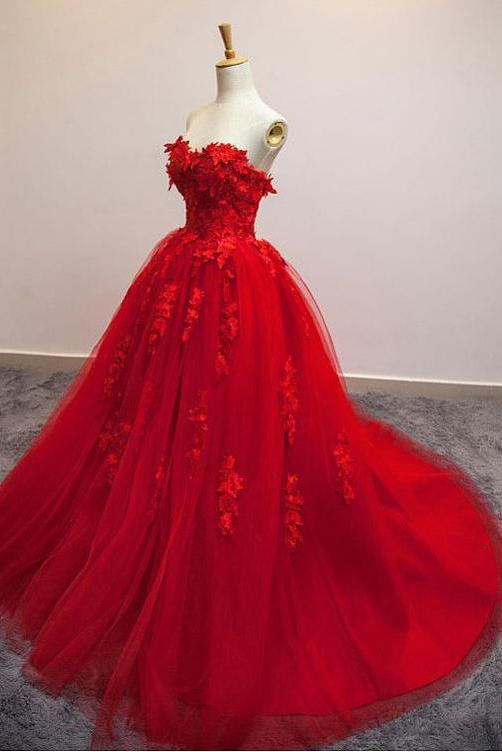 Hermoso vestido de fiesta rojo largo de tul con apliques y escote en forma de corazón sin tirantes, vestidos de fiesta 