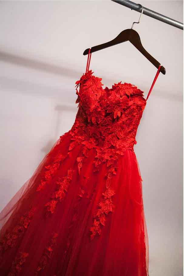 Hermoso vestido de fiesta rojo largo de tul con apliques y escote en forma de corazón sin tirantes, vestidos de fiesta 
