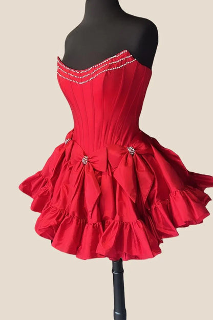 Vestido de fiesta vintage rojo con lazo y volantes, sin tirantes, TP3759