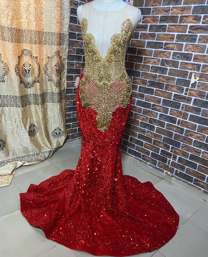 Vestido de sirena rojo brillante, vestido formal con cristales dorados