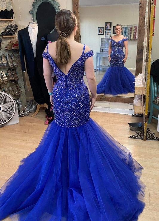 Vestidos de fiesta azul real con falda de tul y diamantes de imitación, vestido formal de sirena