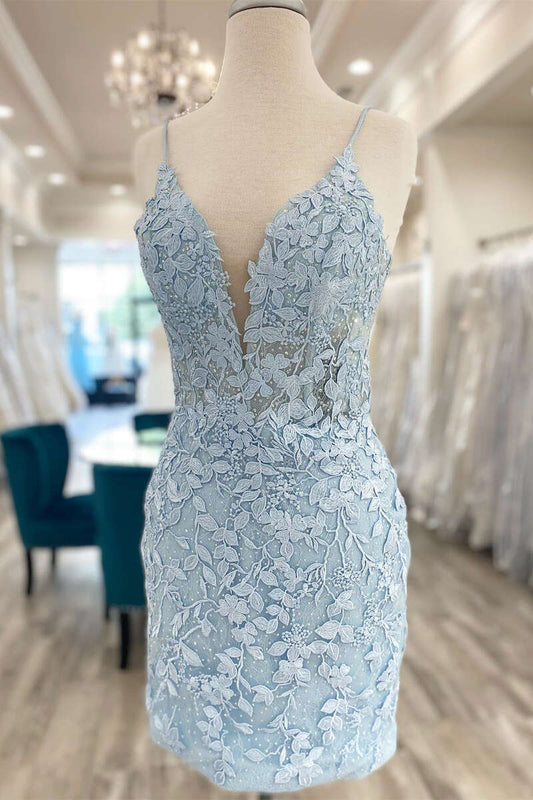 Vestido de fiesta de encaje azul claro, vestido de cena, vestido de noche corto