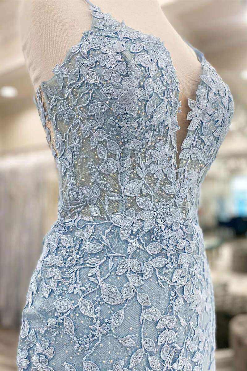 Vestido de fiesta de encaje azul claro, vestido de cena, vestido de noche corto