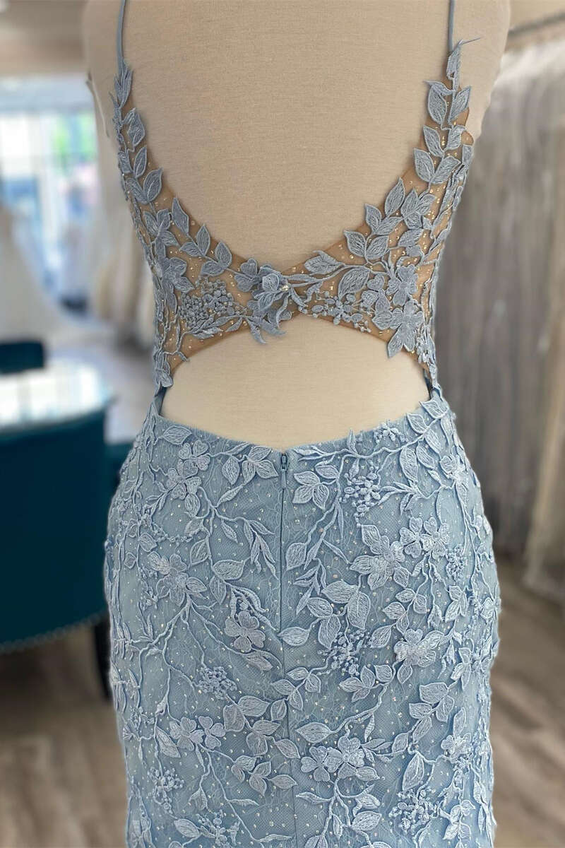 Vestido de fiesta de encaje azul claro, vestido de cena, vestido de noche corto