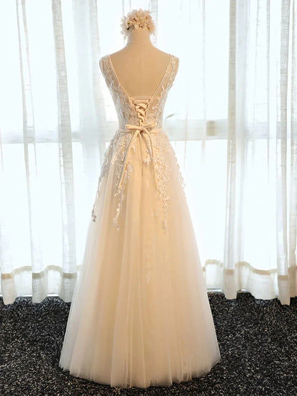 A Line Round Neck Appliques Tulle Prom Dress Formal Evening Dress SH1633