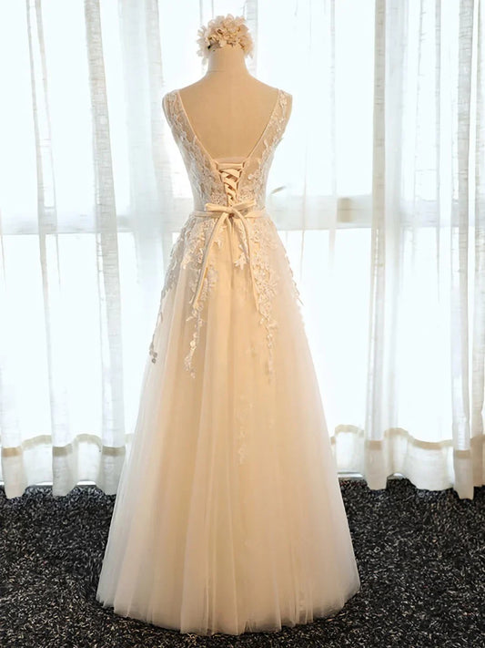 A Line Round Neck Appliques Tulle Prom Dress Formal Evening Dress SH1633