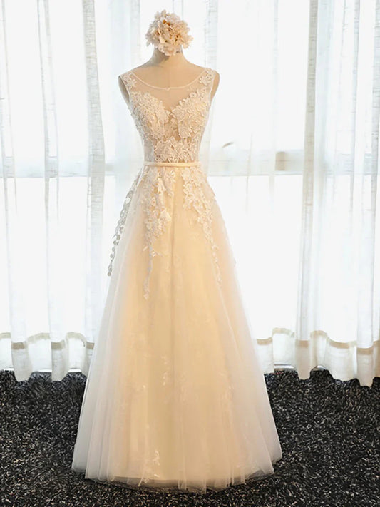 A Line Round Neck Appliques Tulle Prom Dress Formal Evening Dress SH1633