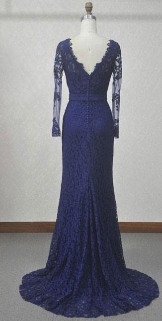 Navy Blue Lace Mermaid Mother of the Bride Dress, Elegant Long Sleeves Party Dress WM107