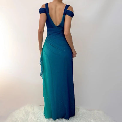 Vestido de noche largo vintage de gasa con degradado azul verdoso brillante y diseño único con tirantes, TP2505