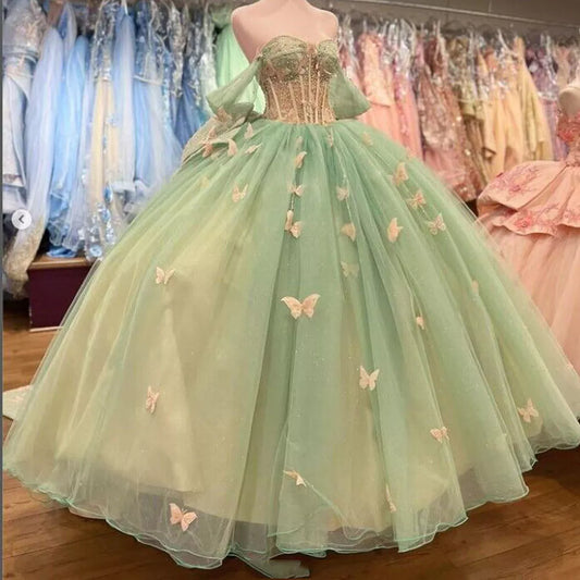 Sweet 16 Glitter Quinceanera Dresses 3D Butterfly Off Shoulder Party Ball Gowns,AST1300