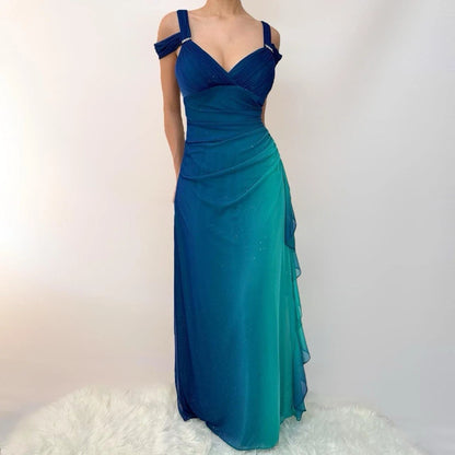Vestido de noche largo vintage de gasa con degradado azul verdoso brillante y diseño único con tirantes, TP2505