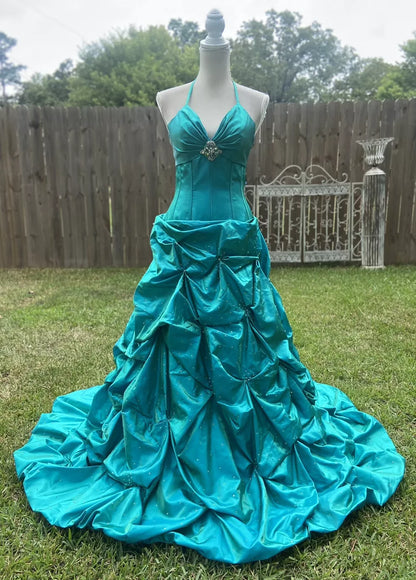Green Gorgeous Vintage Strap Long Elegant Satin Pleated Ball Gown Evening Dress gh3311