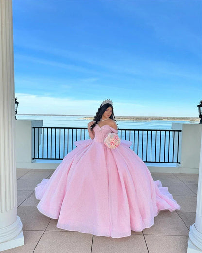 Hermoso vestido de quinceañera largo de tul rosa con hombros descubiertos, vestido formal de 15 años, vestido de dulces 16 DH1841