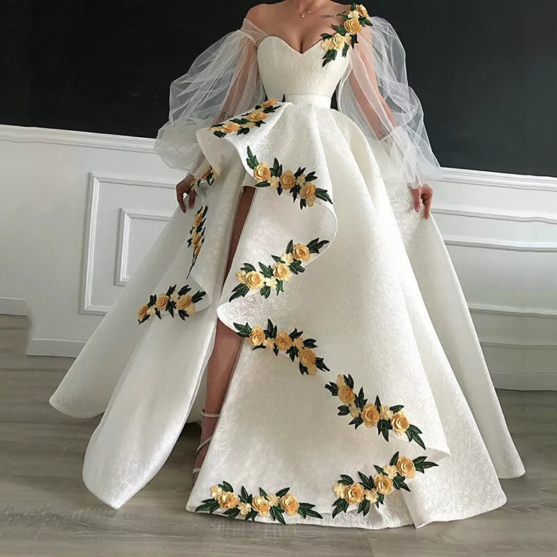 White yellow three-dimensional flower heart-shaped neckline long ball gown evening dress wedding dress gh993