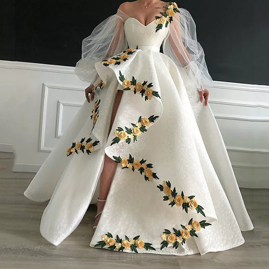 White yellow three-dimensional flower heart-shaped neckline long ball gown evening dress wedding dress gh993