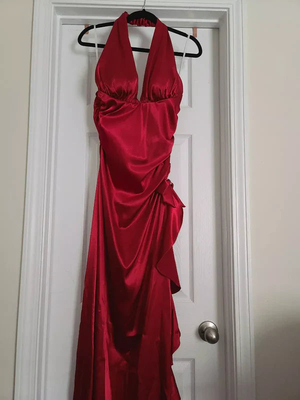 Vestido de fiesta vintage de satén rojo intenso con escote en V y volantes, vestido de noche estilo halter, vestido formal de corte A TP4599
