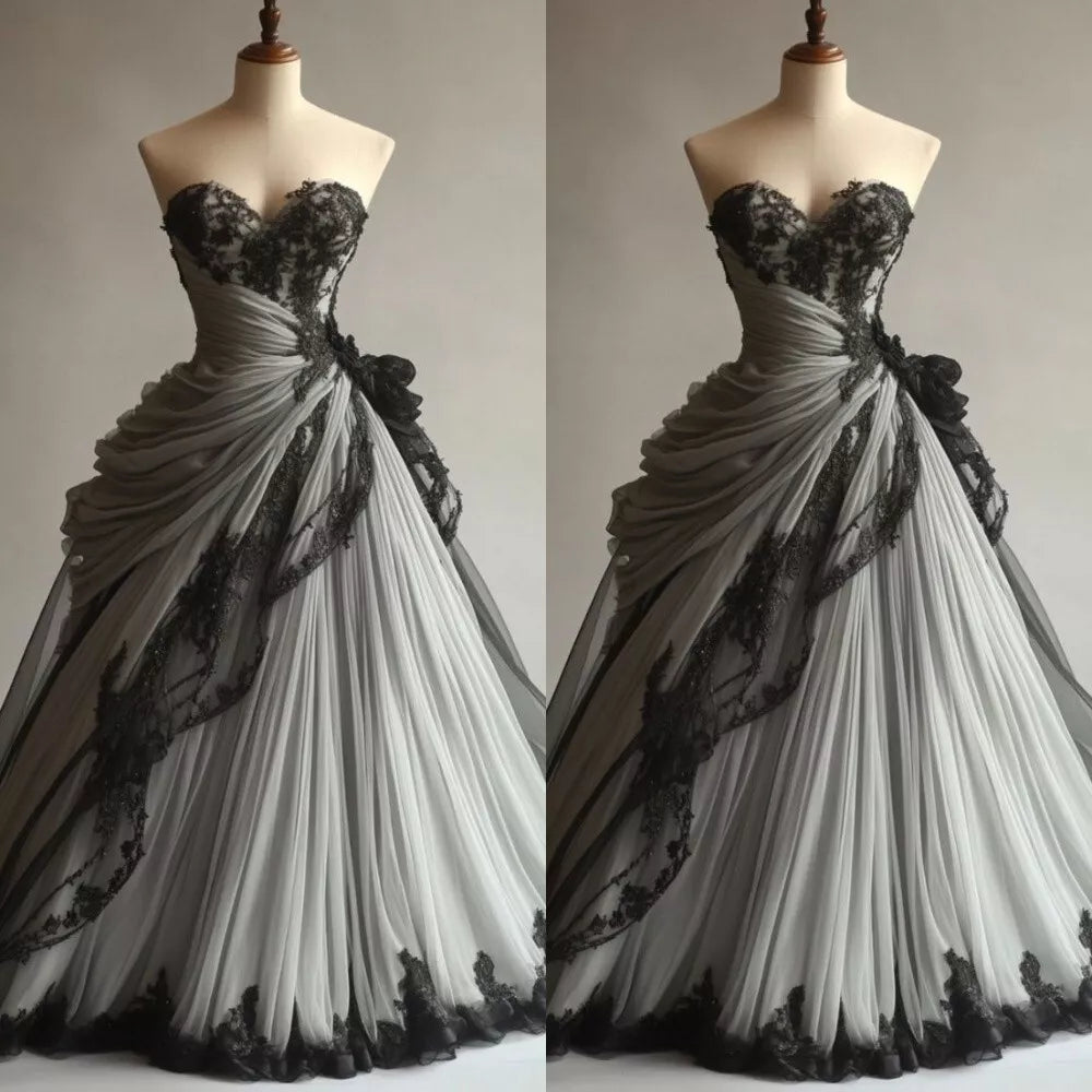 Black Gorgeous Delicate Lace Appliques Ruffled A-Line Long Tulle Ball Gown Evening Gown Wedding Dress gh3397