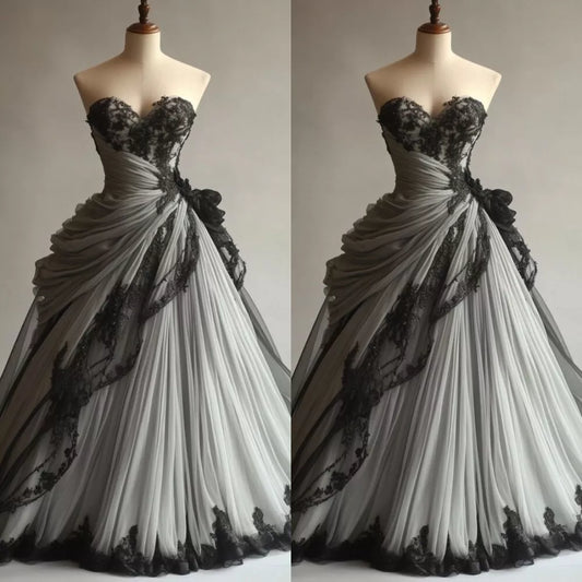 Black Gorgeous Delicate Lace Appliques Ruffled A-Line Long Tulle Ball Gown Evening Gown Wedding Dress gh3397