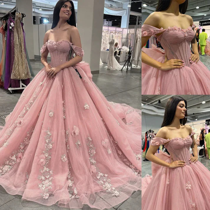 Hermoso vestido de quinceañera rosa con apliques de corazón y hombros descubiertos, corte A, para fiesta de cumpleaños, noche, baile, TP4523