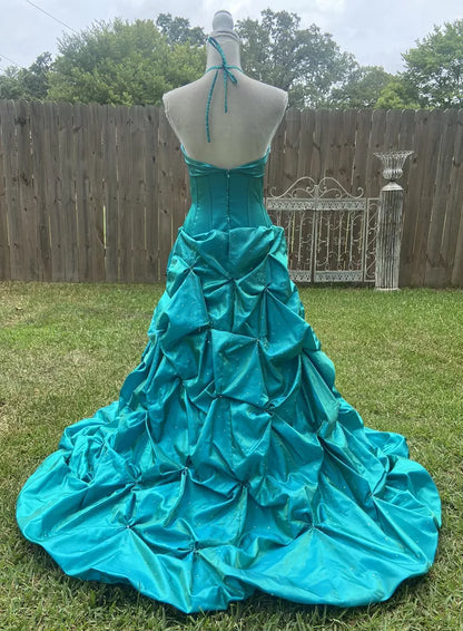 Green Gorgeous Vintage Strap Long Elegant Satin Pleated Ball Gown Evening Dress gh3311