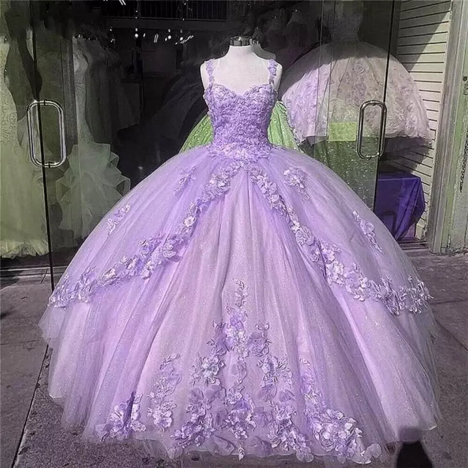Pink/purple/green sweet lace applique long tulle quinceanera dress Ball gown evening dress gh909