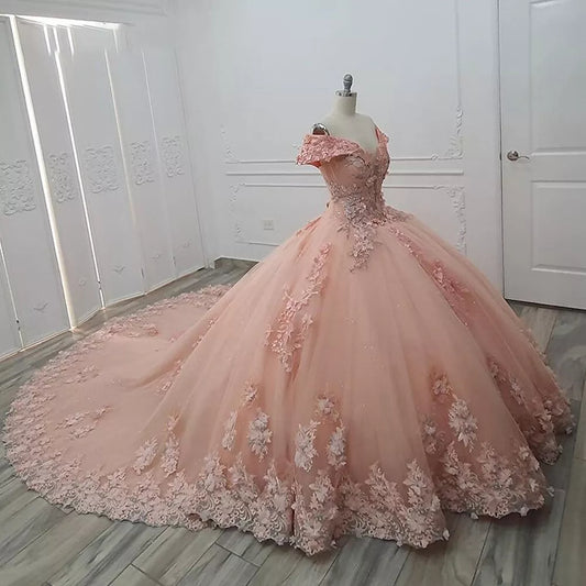 Hermoso vestido de quinceañera con apliques rosas, hombros descubiertos, corte A, largo hasta el suelo, para fiesta de graduación, cumpleaños, noche, baile, TP4536