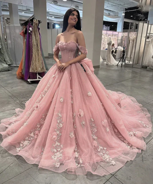 Elegante vestido de quinceañera rosa sin tirantes con apliques, largo hasta el suelo, para fiesta de graduación, cumpleaños, noche, baile, TP4534