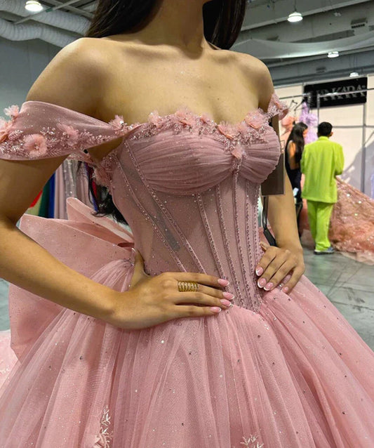 Elegante vestido de quinceañera rosa sin tirantes con apliques, largo hasta el suelo, para fiesta de graduación, cumpleaños, noche, baile, TP4534