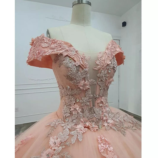Hermoso vestido de quinceañera con apliques rosas, hombros descubiertos, corte A, largo hasta el suelo, para fiesta de graduación, cumpleaños, noche, baile, TP4536