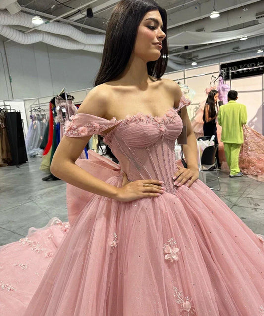 Hermoso vestido de quinceañera rosa con apliques de corazón y hombros descubiertos, corte A, para fiesta de cumpleaños, noche, baile, TP4523