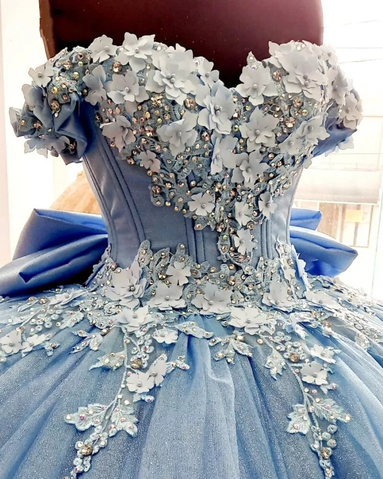 Blue gorgeous exquisite floral applique strapless long prom dress evening gown quinceanera dress sweet 16 years old dress gh930