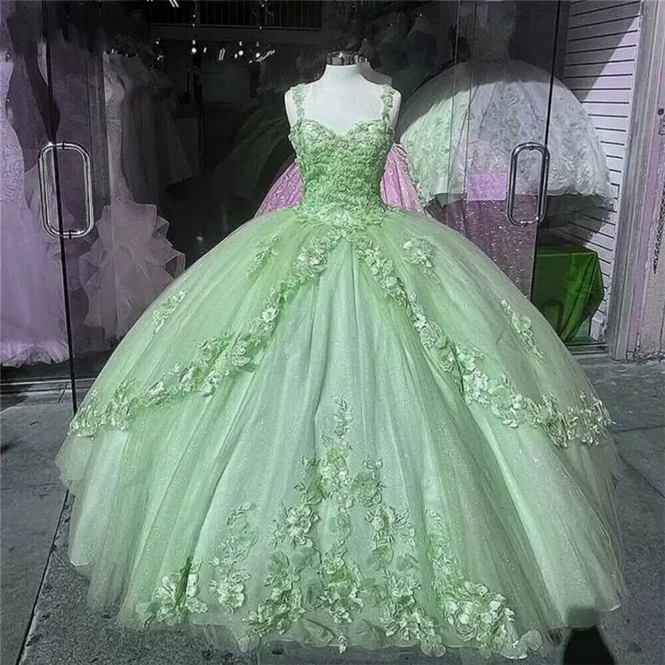 Pink/purple/green sweet lace applique long tulle quinceanera dress Ball gown evening dress gh909