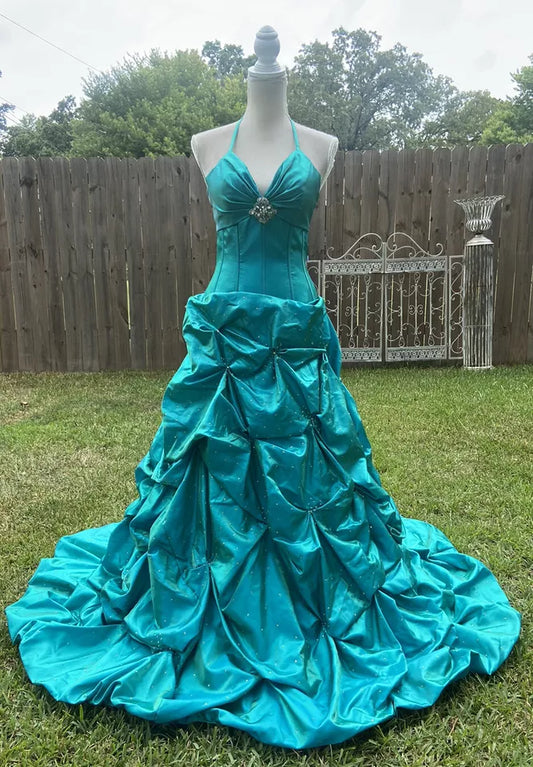 Green Gorgeous Vintage Strap Long Elegant Satin Pleated Ball Gown Evening Dress gh3311