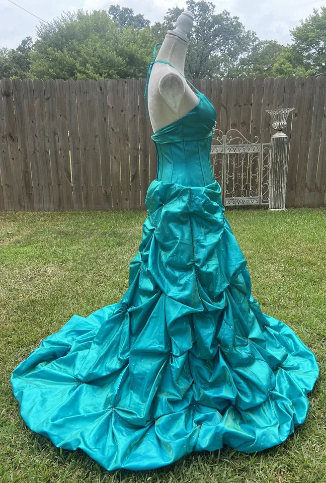 Green Gorgeous Vintage Strap Long Elegant Satin Pleated Ball Gown Evening Dress gh3311