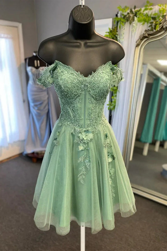 Fashion Light Green Beaded Appliques Design A-line Off-the-shoulder Homecoming Dress TP3403
