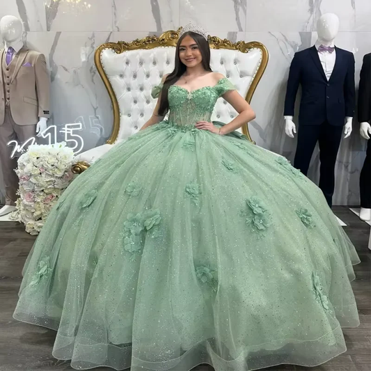Vestido de quinceañera verde salvia, apliques de vestido de fiesta de cumpleaños con lazo