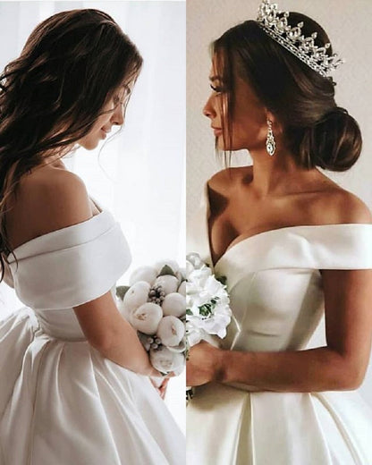 Vestidos de novia largos de satén blanco, vestido de novia con hombros descubiertos y cola 
