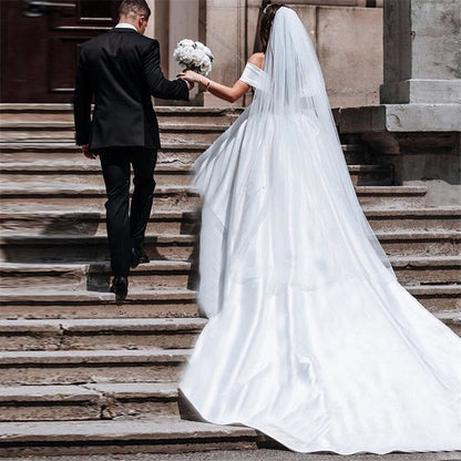 Vestidos de novia largos de satén blanco, vestido de novia con hombros descubiertos y cola 