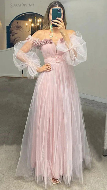 Blush Pink Off-shoulder Puffy Sleeves Tulle Princess Long Prom Dress, GP337