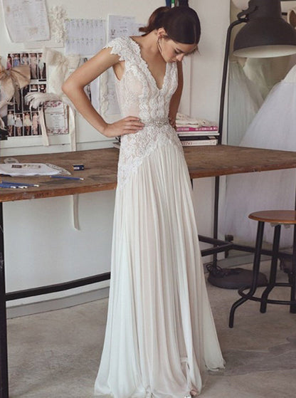 Vestido de novia con mangas cortas, vestidos de novia largos bohemios