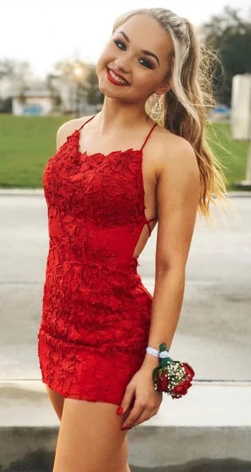 Vestidos de fiesta cortos rojos de encaje sin espalda, sexys y elegantes