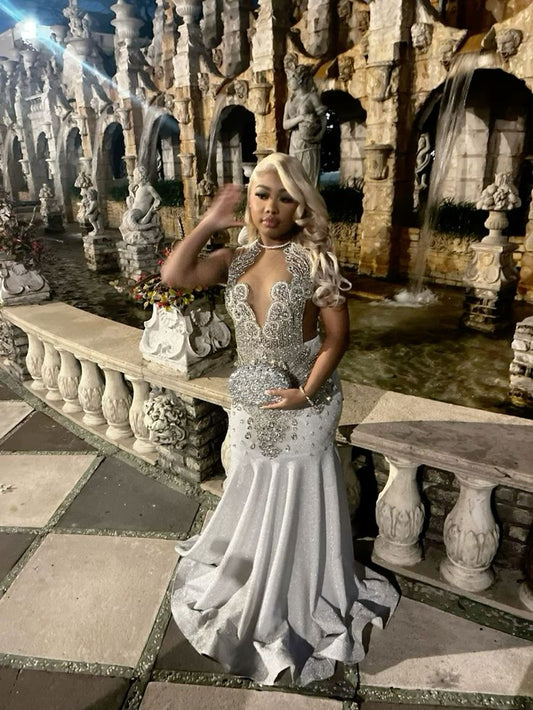 Silver Mermaid Crystal Prom Dress Long Special Occasion Dresses