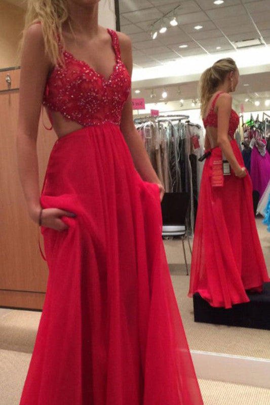 Vestidos de fiesta de gasa con tirantes finos rojos, espalda descubierta y corte A, vestidos formales largos
