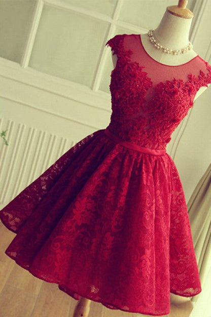 Vestidos de fiesta cortos de encaje rojo, vestidos de fiesta hasta la rodilla, vestidos de fiesta