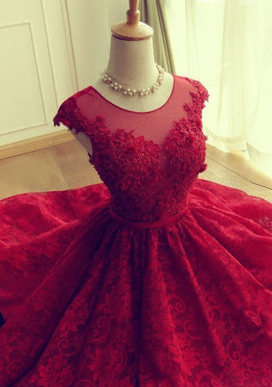 Vestidos de fiesta cortos de encaje rojo, vestidos de fiesta hasta la rodilla, vestidos de fiesta