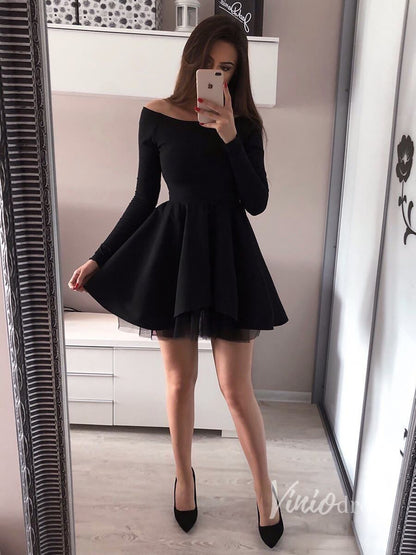 Vestidos de fiesta cortos negros sencillos con mangas y hombros descubiertos para la fiesta de bienvenida.