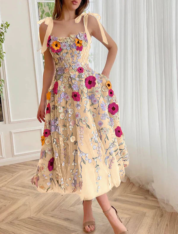 Elegant A-Line Corsets Dress Wedding Guest Summer Tea Length Sleeveless Prom Dress Scoop Neck Bridesmaid Dress Tulle with Appliques DP251