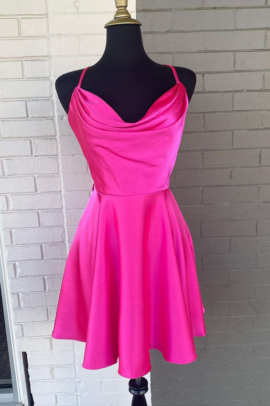 Vestido de fiesta de satén rosa neón con cordones y corte A, vestido de noche corto para fiesta