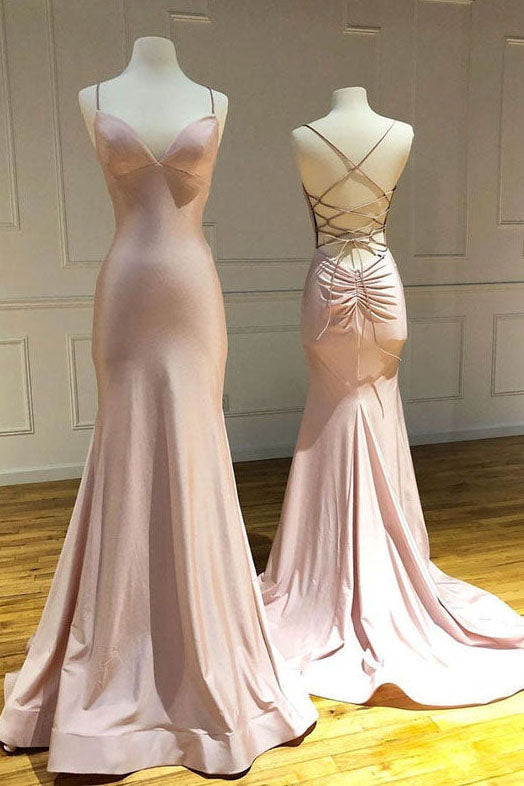 Simple Spaghetti Straps Mermaid Pink Long Prom Dress, Long Formal Gown GP805